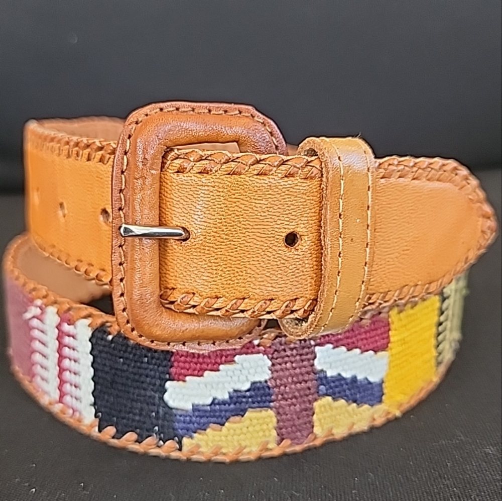 Guatemalan Leather Belt Size 34 Colour Blocked Embroidered Woven Handcrafted